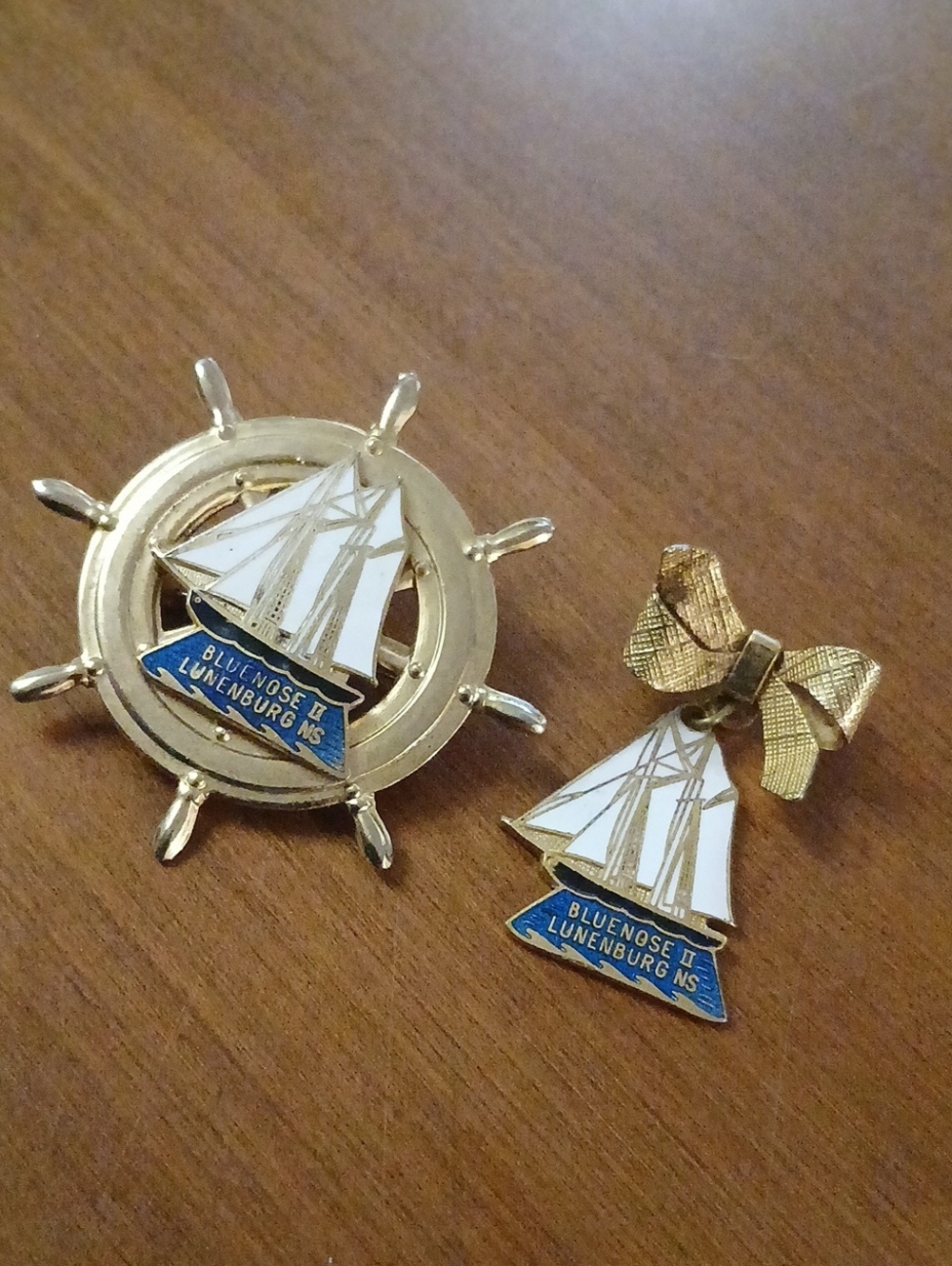 Vintage Bluenose Lunenburg NS Nautical Brooch Set in Gold & Blue Nova Scotia